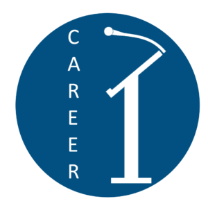 blauer Kreis mit weißem Pult-Symbl und dem Text "Career"