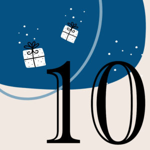 Zahl 10 vor blauem Hintergrund mit weißen Geschenken