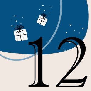 Zahl 12 vor blauem Hintergrund mit weißen Geschenken