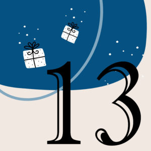 Zahl 13 vor blauem Hintergrund mit weißen Geschenken