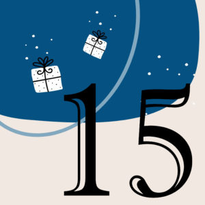 Zahl 15 vor blauem Hintergrund mit weißen Geschenken