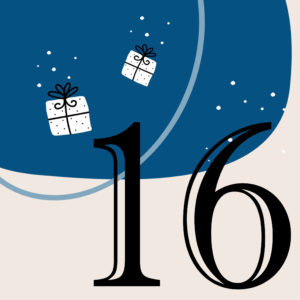 Zahl 16 vor blauem Hintergrund mit weißen Geschenken
