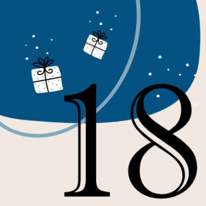 Zahl 18 vor blauem Hintergrund mit weißen Geschenken
