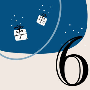 Zahl 6 vor blauem Hintergrund mit weißen Geschenken