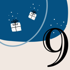 Zahl 9 vor blauem Hintergrund mit weißen Geschenken