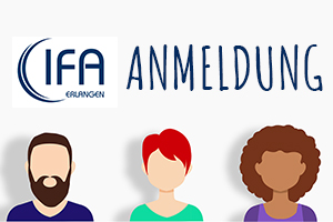 drei Köpfe in Comicform, darüber IFA-Logo und der Text "ANMELDUNG"